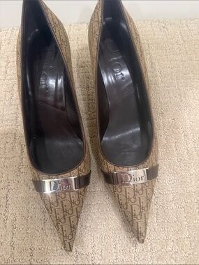 Dior Tan Brown Monogram Pointed Toe Pumps with Logo Plaque